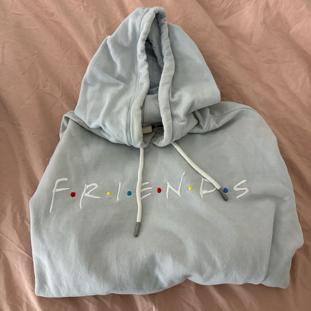 H&M Light Blue 'FRIENDS' Embroidered Hoodie with Multicolor Dot Accents